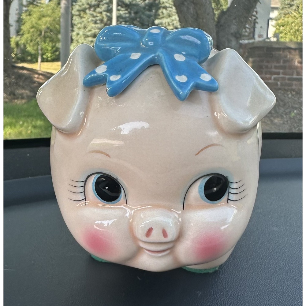 Vintage Lefton Piggy Bank Blue Polka Bow Anthropomorphic Ceramic w/Labels &plug